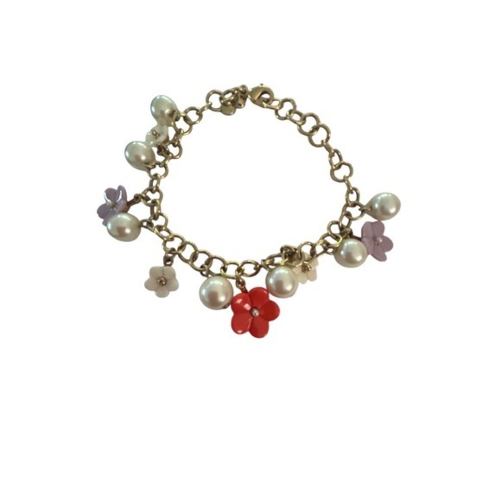Gold Tone Floral Pearl Charm Bracelet Red Purple White Flower Link Chain Jewelry